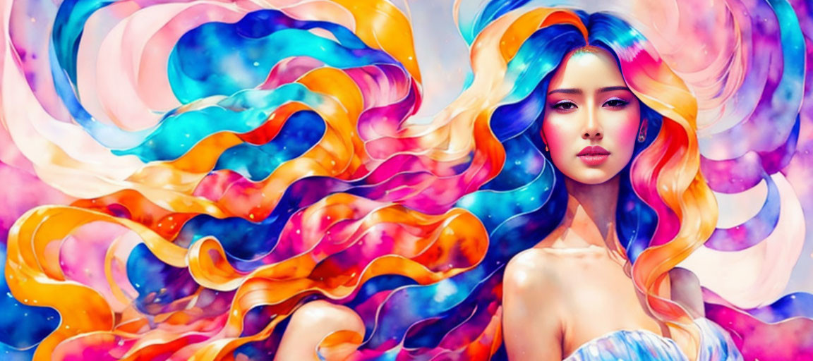 Colorful Woman with Flowing Hair in Abstract Background