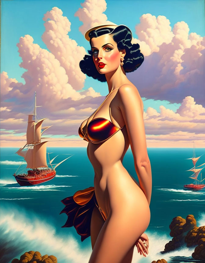 Vintage Gold Swimsuit Woman Portrait by the Sea