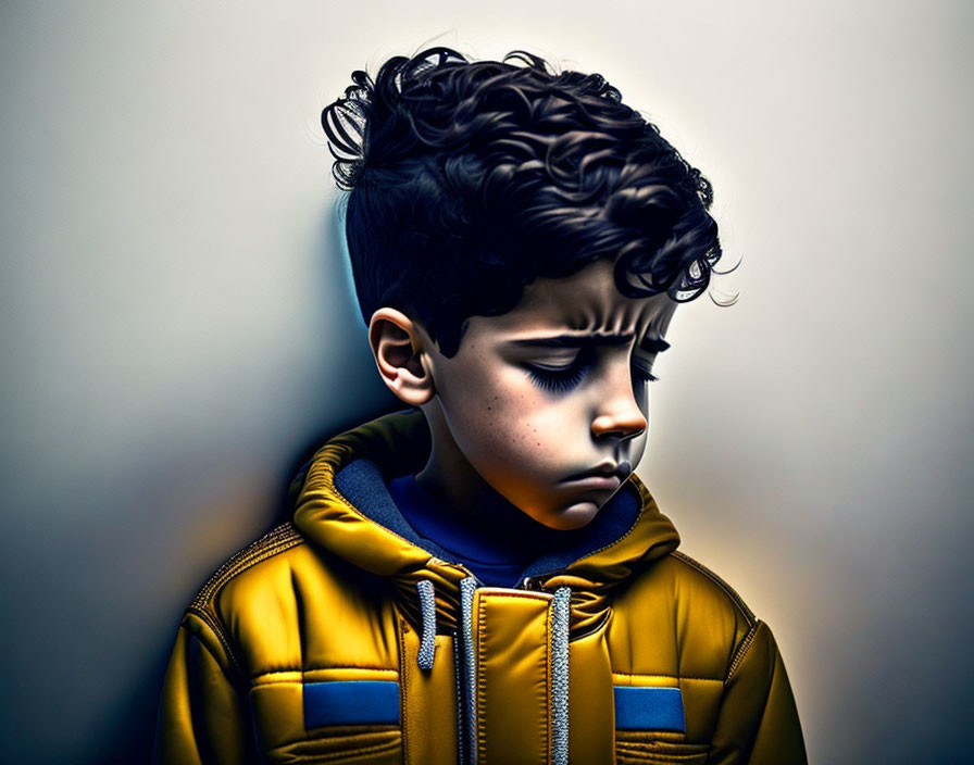 Detailed digital artwork of a boy in yellow and blue jacket with solemn expression
