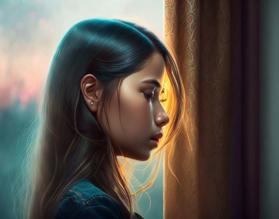 Pensive young woman in profile by window at sunset