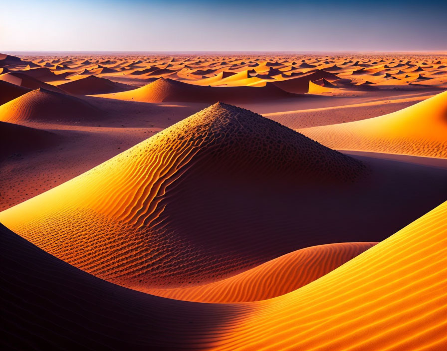 Desert sunset illuminating sand dunes' textures