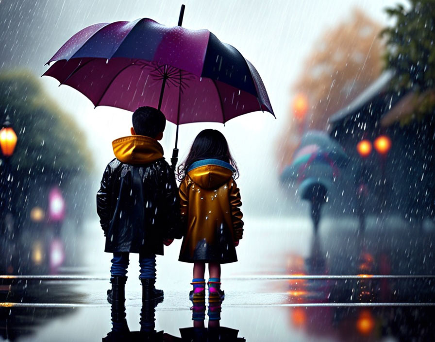 Children with large umbrella on rainy street with colorful lights.