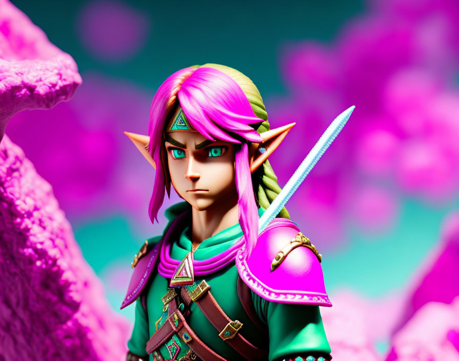Animated character with pointy ears, green and purple outfit, sword, on magenta background