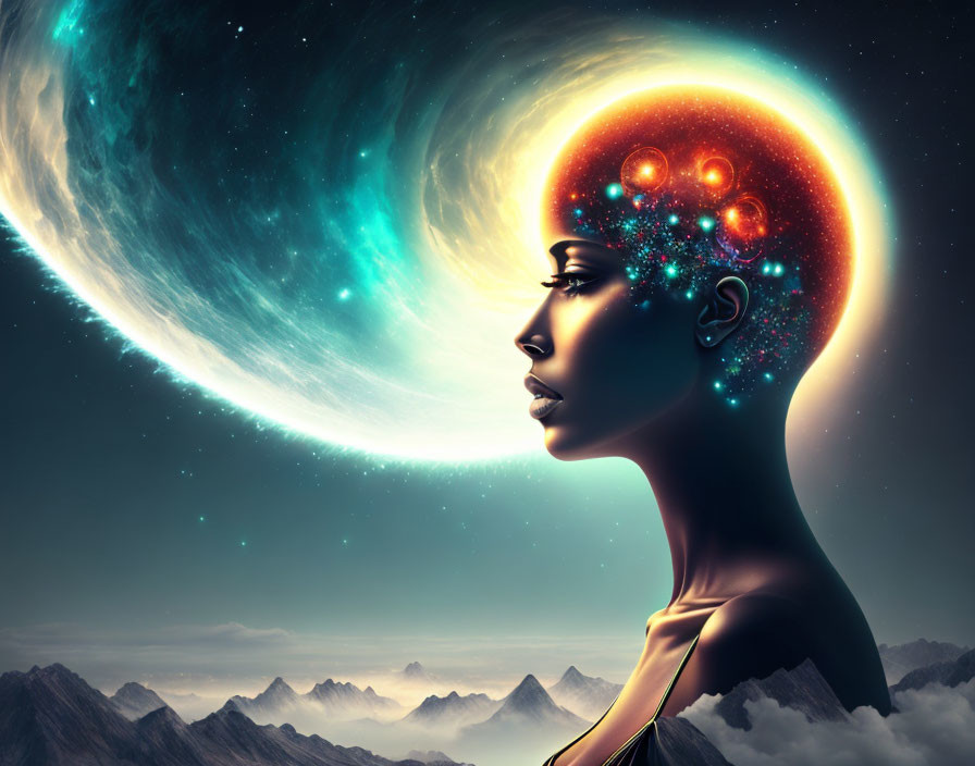 Surreal digital artwork: woman's profile with cosmic brain, galaxy, and mountains