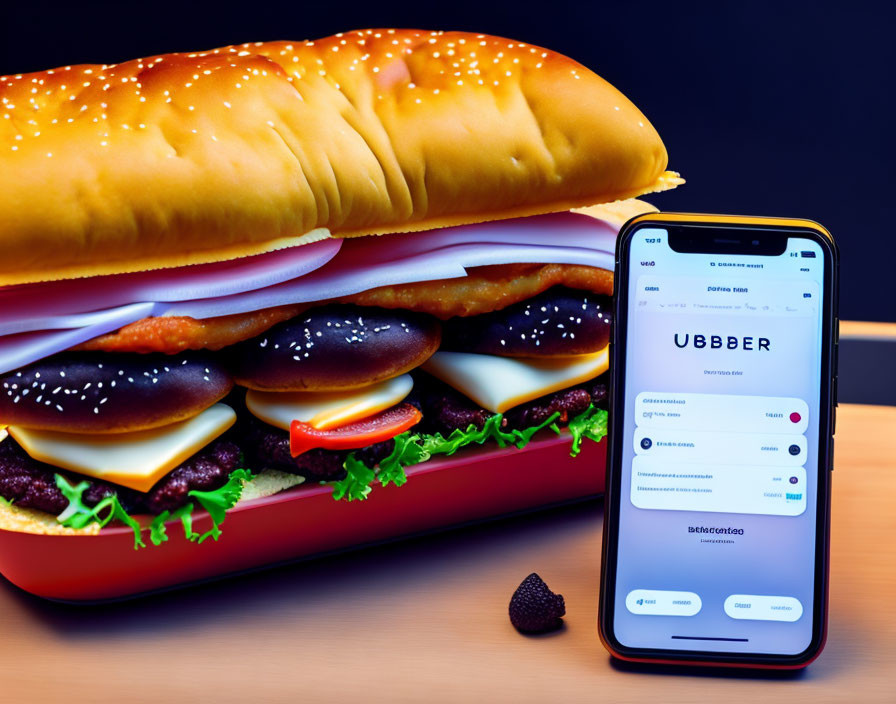 Smartphone App Interface Next to Layered Sandwich on Dark Background