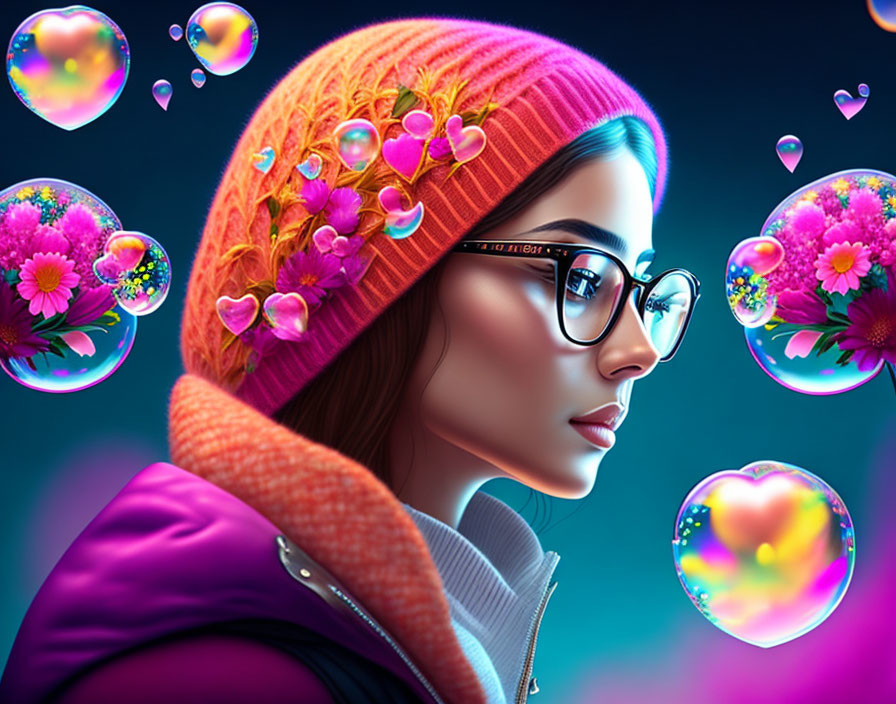 Digital Artwork: Woman in Pink Beanie with Heart-Shaped Bubbles