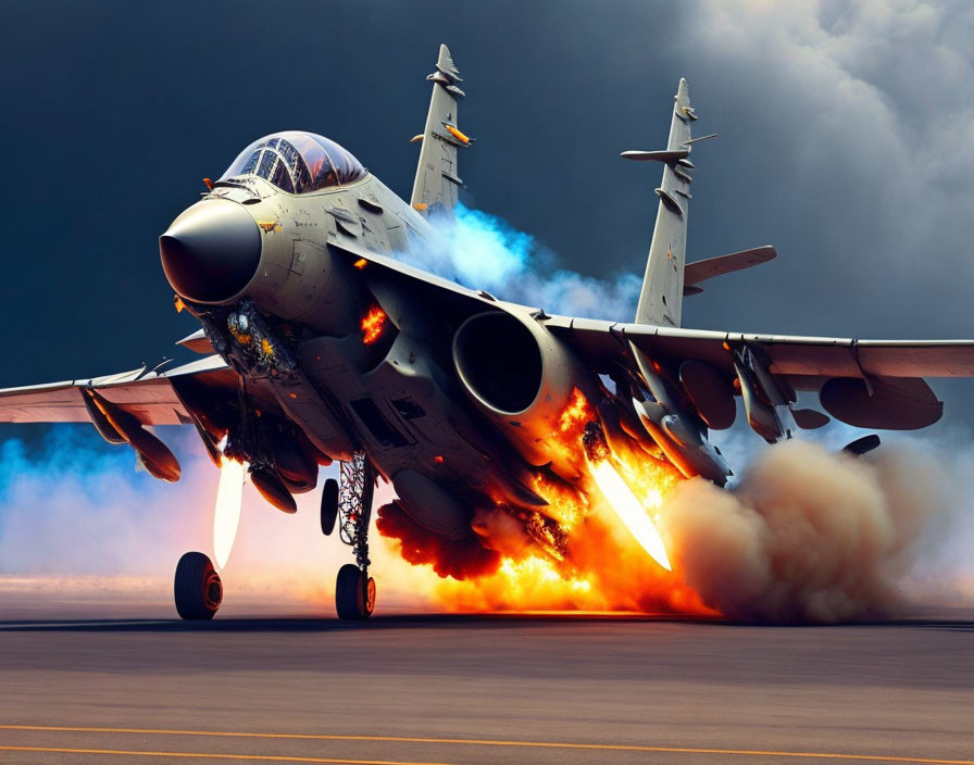 Military jet with fiery explosion and billowing smoke on runway under dramatic sky