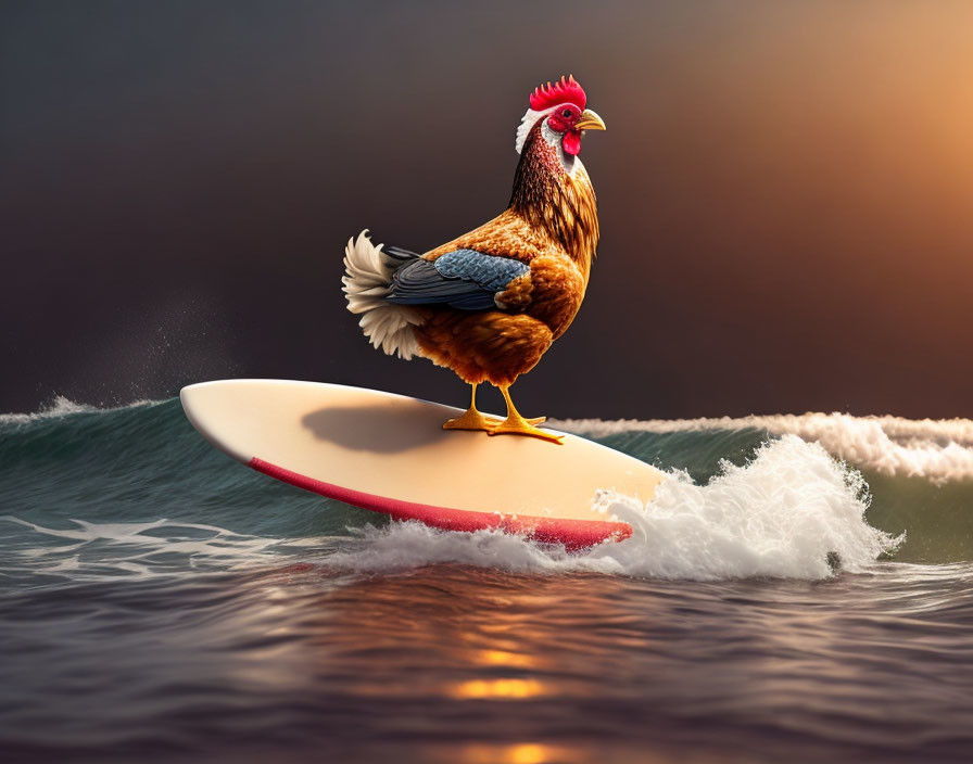 Chicken surfing on ocean waves at sunset