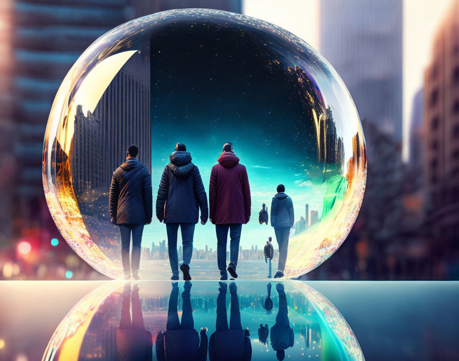 Four individuals walking towards futuristic portal on city street with reflections visible.