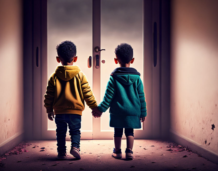 Children holding hands in dim corridor, facing bright doorway