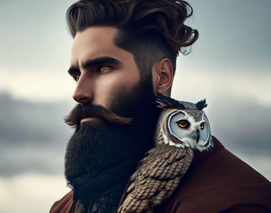 Man with Stylized Beard and Owl in Moody Sky