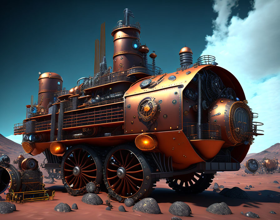 Steampunk-style locomotive on alien desert landscape with red skies