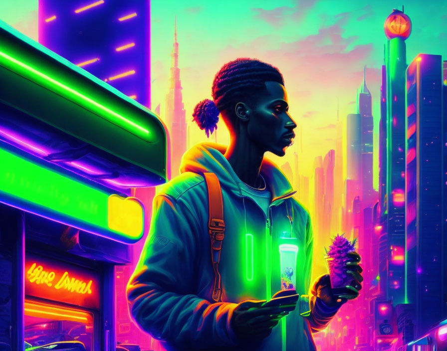 Person in neon-lit futuristic cityscape at dusk with beverage, looking thoughtful
