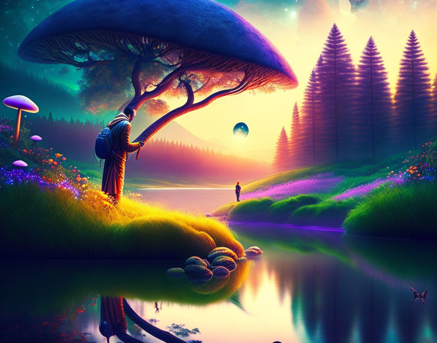 Colorful Fantasy Landscape with Oversized Mushrooms and Serene Water