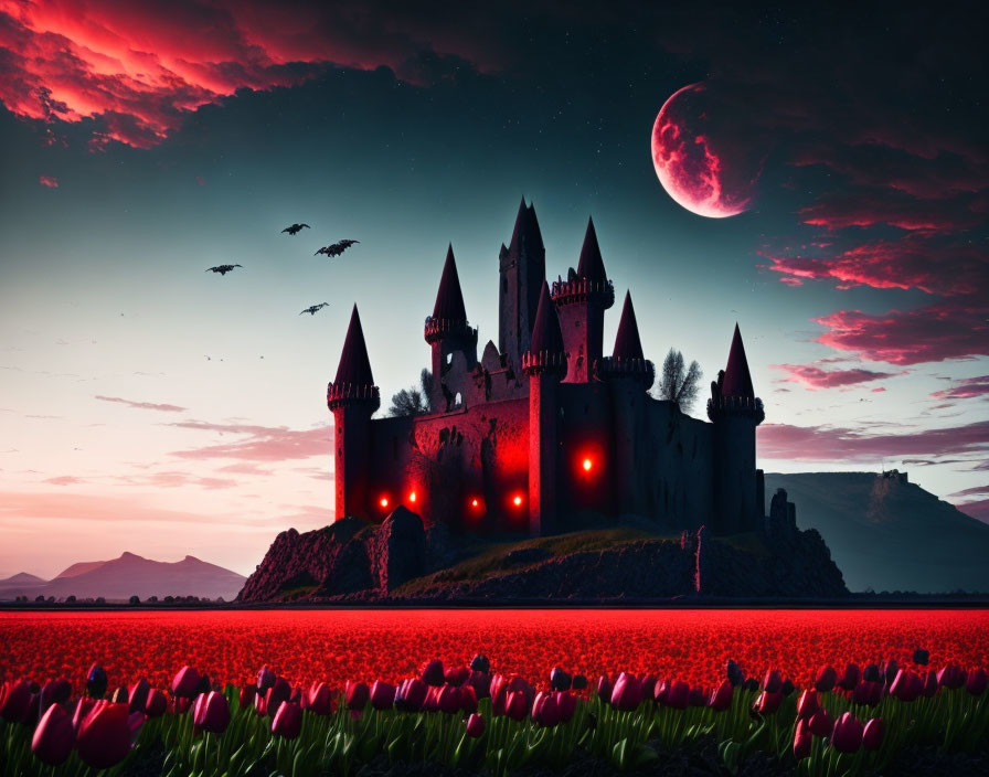 Fantastical castle at twilight with red sky, moon, and tulips