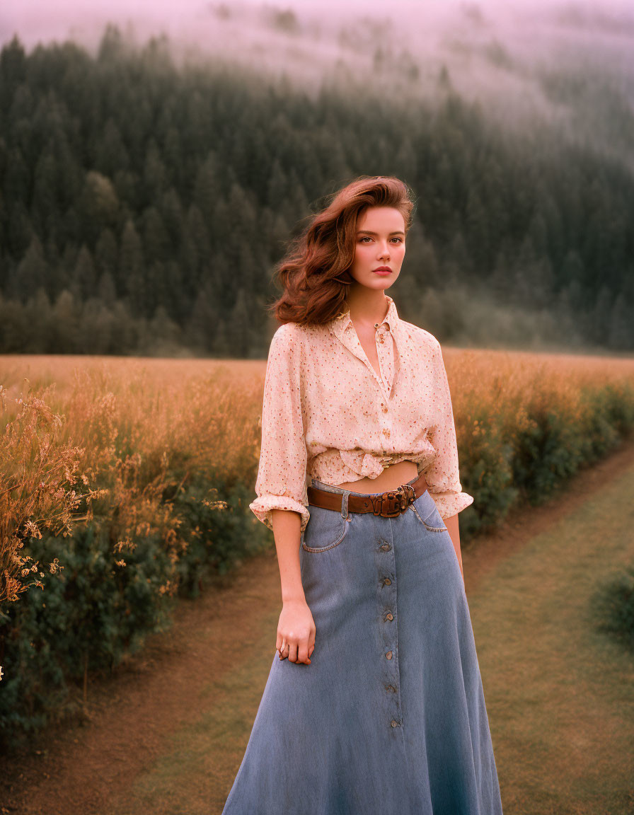 Vintage blouse and denim skirt woman in misty forest field