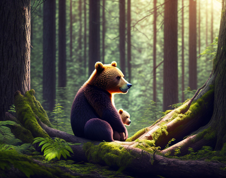 Bear and Cub in Sunlit Forest Surrounded by Tall Trees and Green Moss