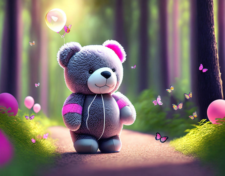 Toy teddy in forest 