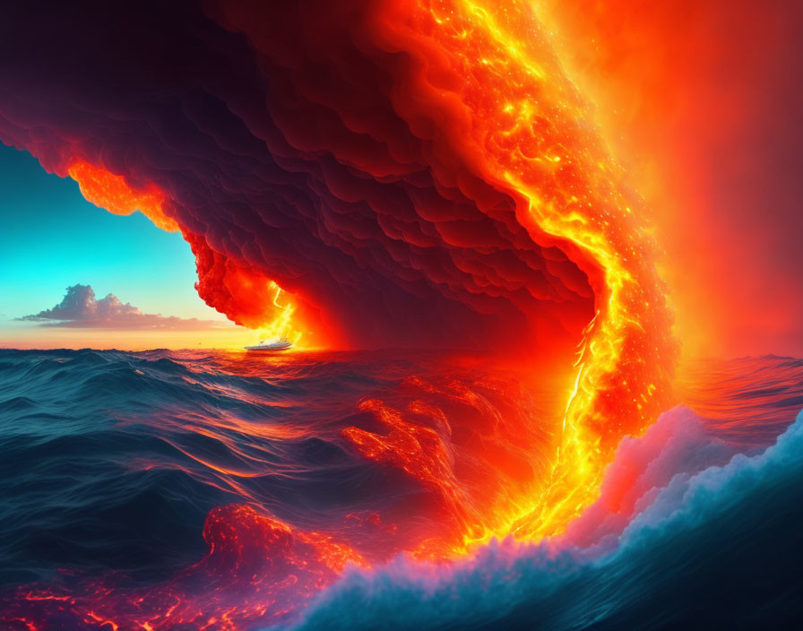 Vulan spewing fiery lava into the ocean 