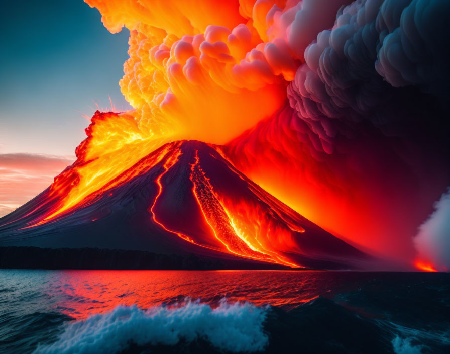 Volcano spewing fiery lava into the ocean