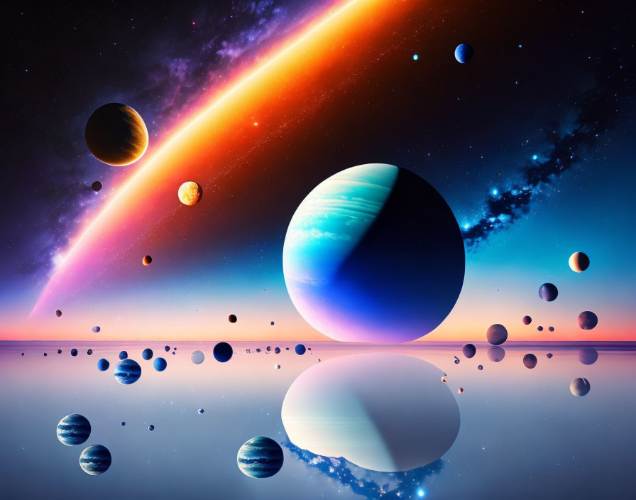 Colorful cosmic scene with multiple planets and celestial streak