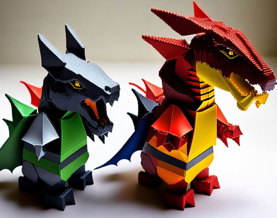 Vibrant origami wolf and dragon sculptures on plain backdrop