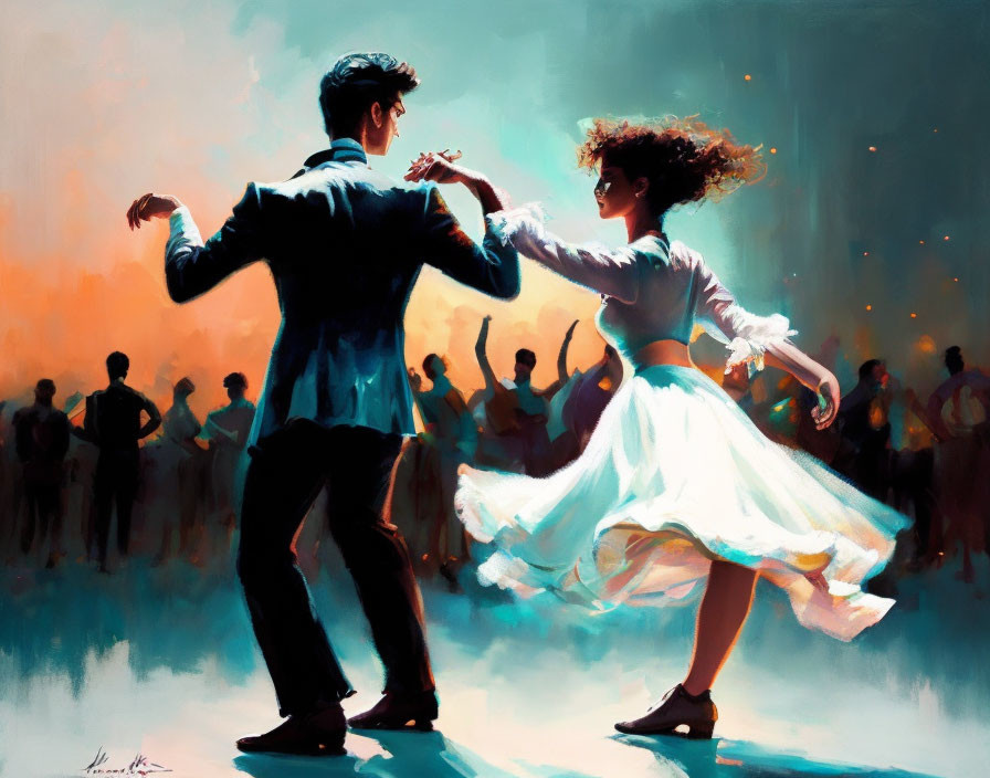 Man and woman dance joyfully under warm light in front of a watching crowd