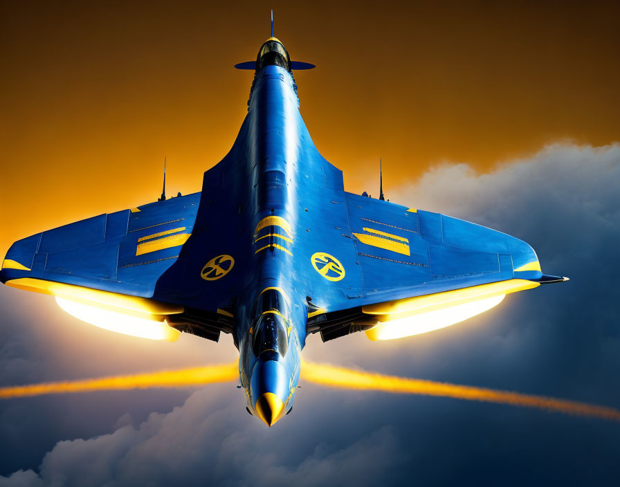 Blue fighter jet with yellow accents in dramatic sky at sunset