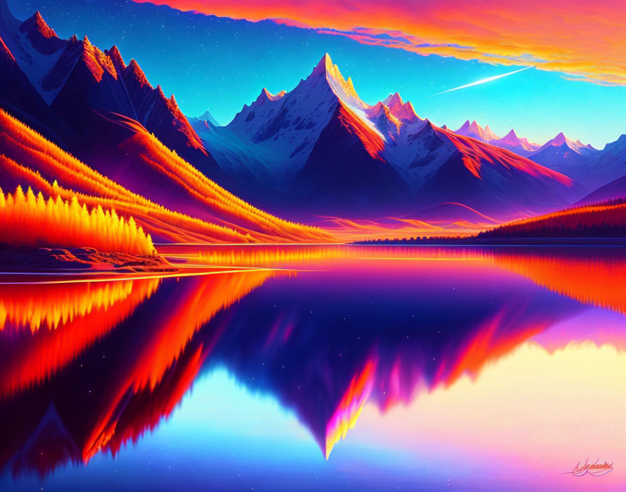 Digital artwork of serene lake, colorful trees, snow-capped mountains, sunset sky.