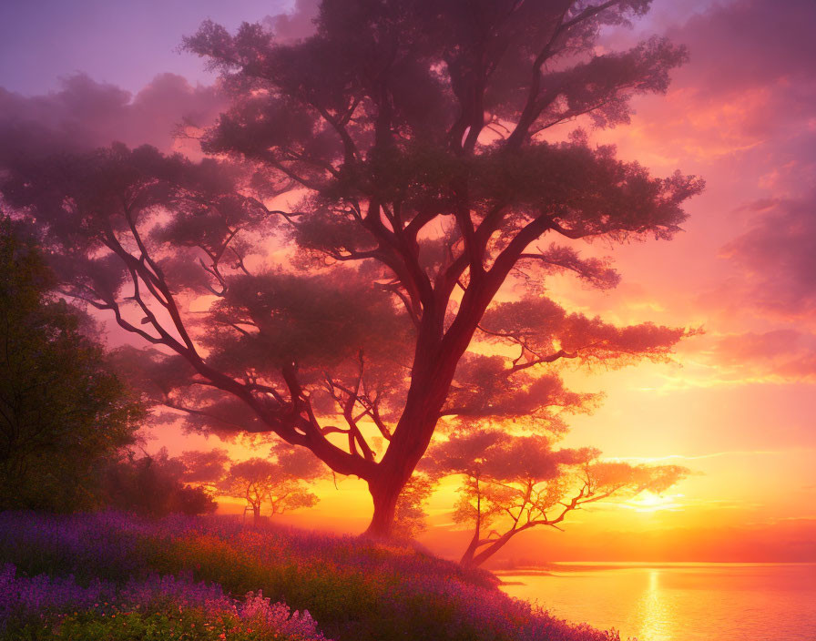 Majestic tree silhouette at vibrant sunset with purple flowers and calm sea