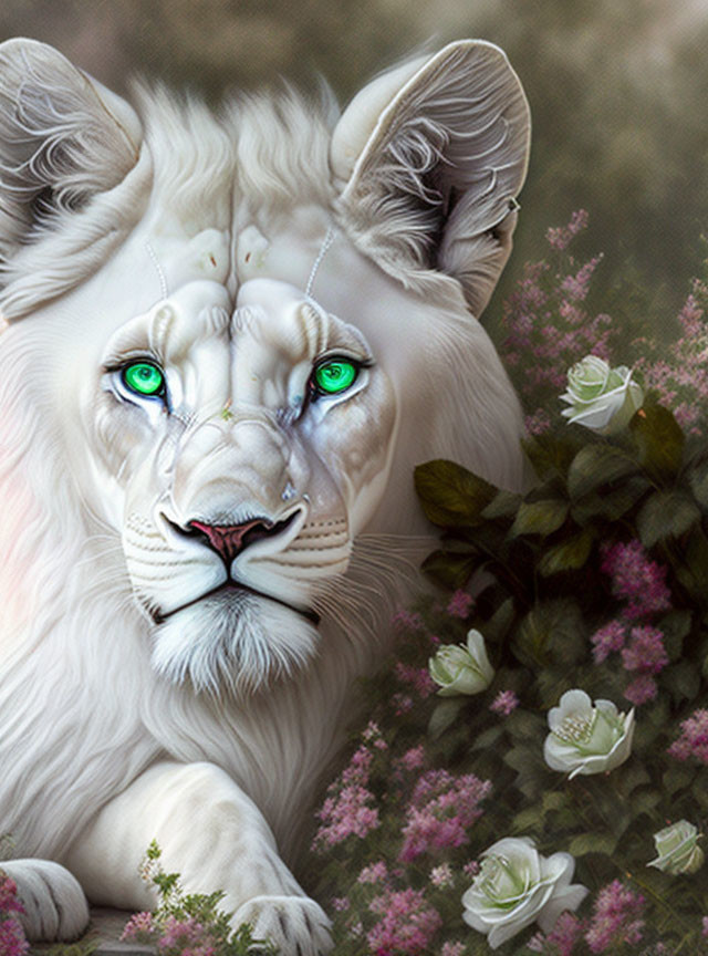 White lion with green eyes among pink and white flowers: mystical aura