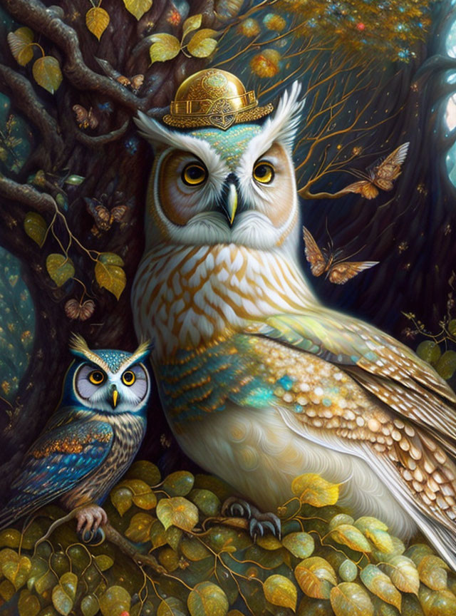 Fantastical owls with golden and blue patterns perched among gilded leaves