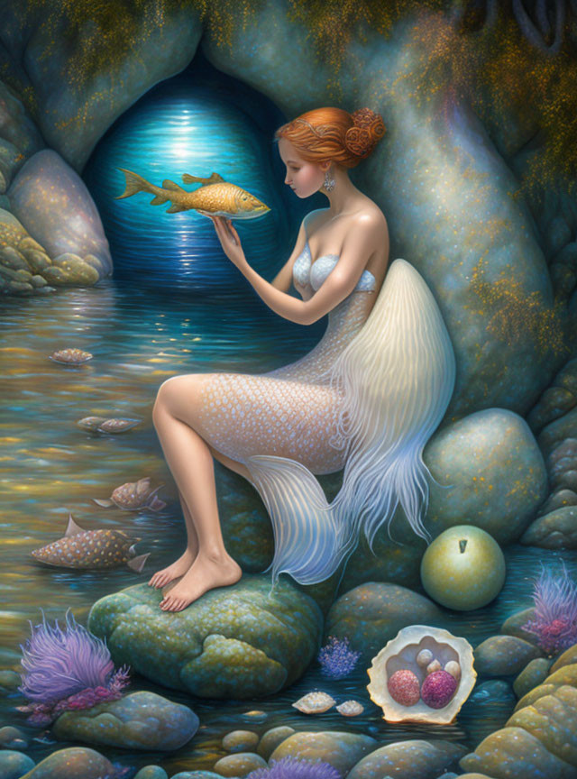 Mythical mermaid with white hair holding golden fish in marine-themed scene
