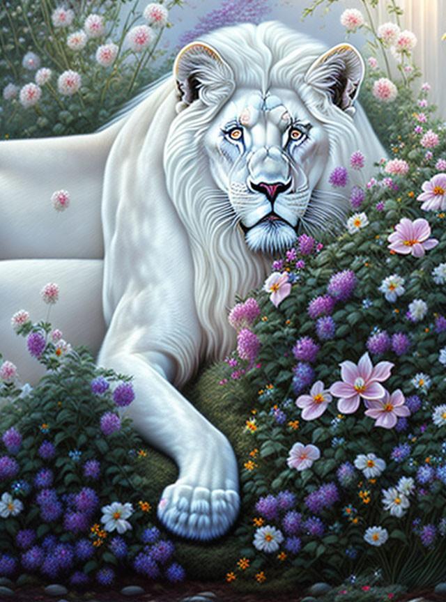 White Lion Resting Among Vibrant Flowers and Lush Greenery