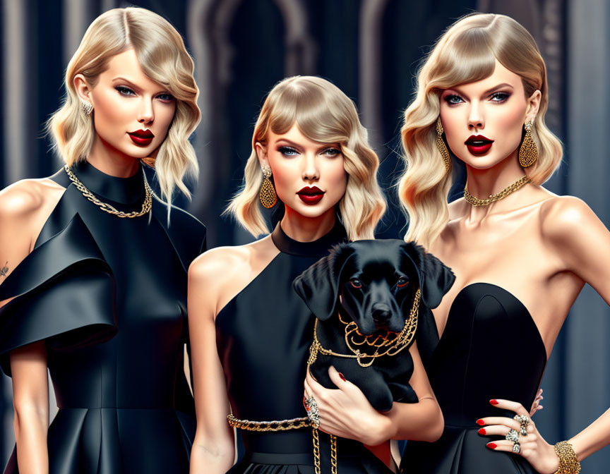 Stylized women in black outfits with gold jewelry and a small dog