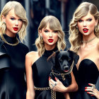 Stylized women in black outfits with gold jewelry and a small dog