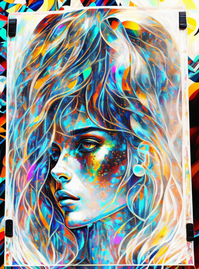 Colorful street art: woman's face with swirling hair on patterned background