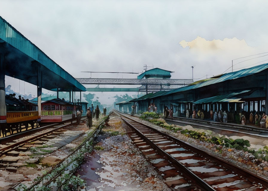 Water color painting of a rail station in Banglade