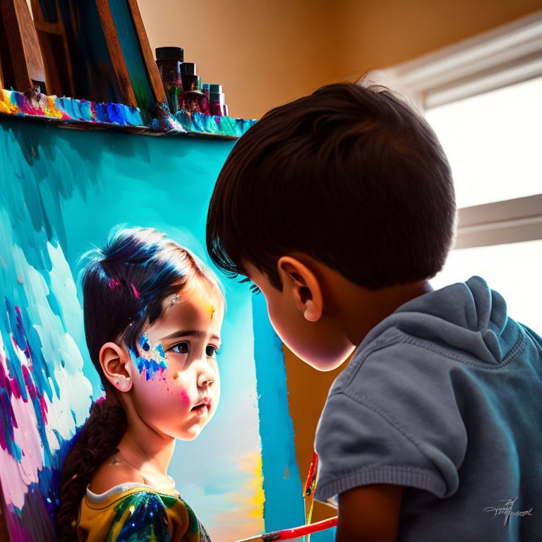 Boy observes realistic painting of girl in colorful room