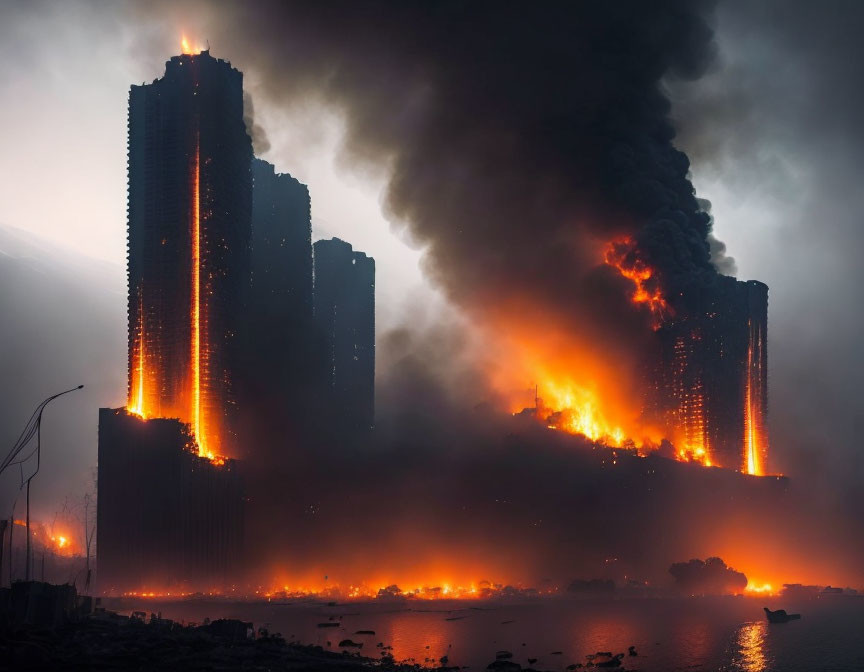 High-rise building engulfed in massive night-time fire with billowing flames and thick smoke.