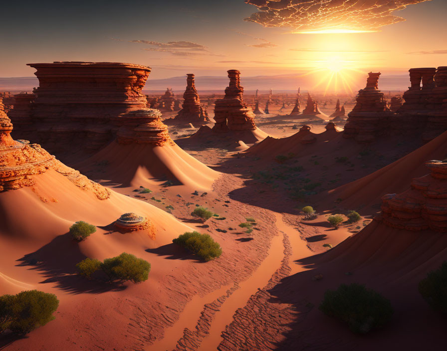 Majestic desert landscape at sunset with sandstone formations and vegetation.