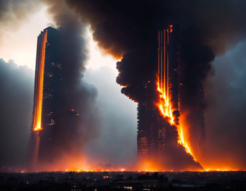 Skyscrapers engulfed in flames with cascading fire and billowing smoke