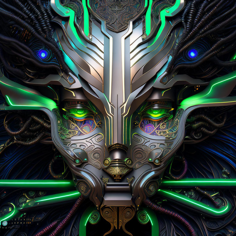 Symmetrical digital artwork: humanoid face with neon green and blue highlights