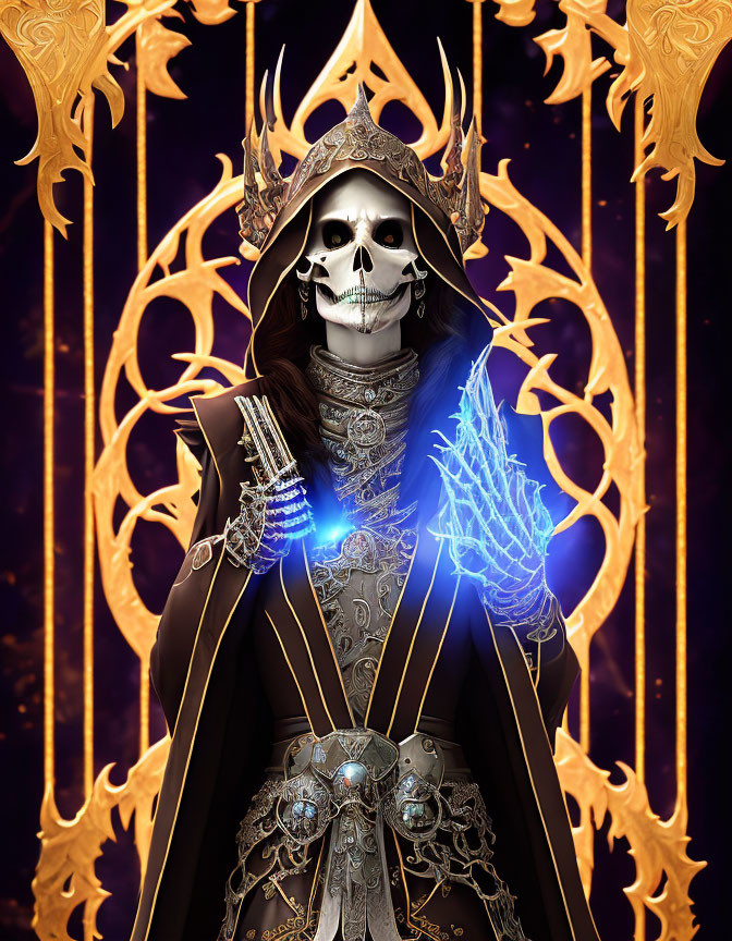Skeletal figure in ornate armor with glowing blue spectral hand before golden archway