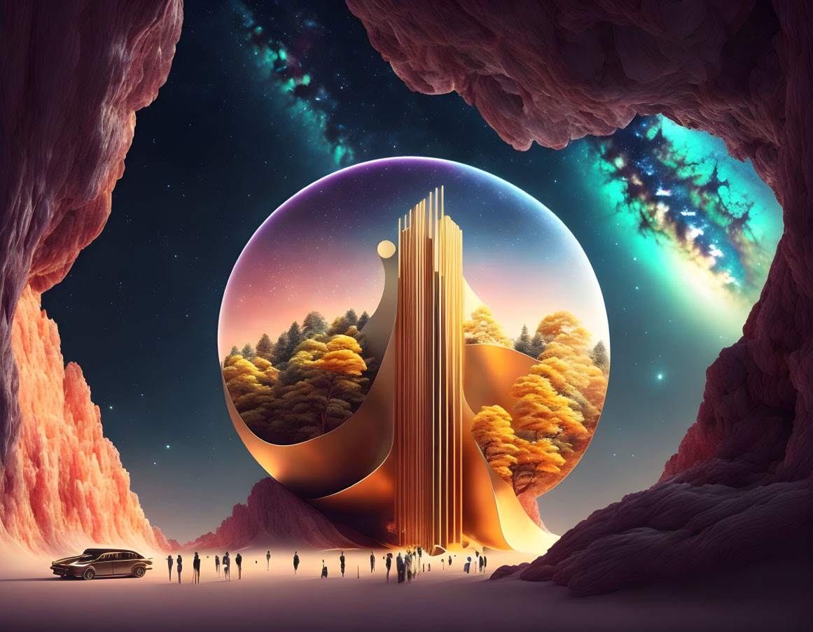 Futuristic landscape with car, people, surreal orb, forests, and towering structure in vast cave
