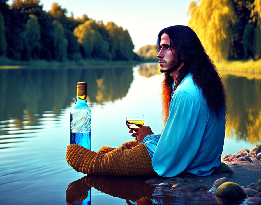 Man with Long Hair in Blue Shirt and Yellow Pants Sitting by River at Sunset with Glass of Wine and