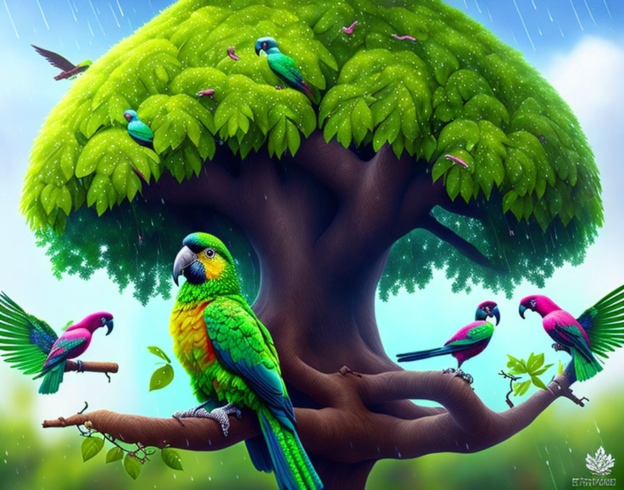 Colorful Parrots Perched on Lush Tree Branches in Rainy Storm Scene
