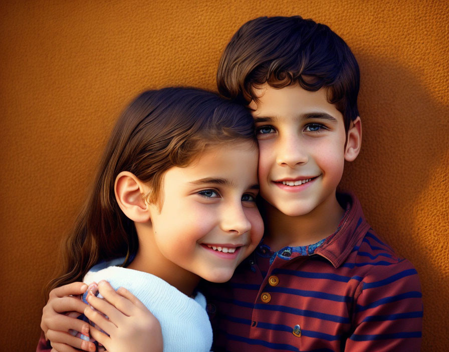 Children hugging in front of orange wall.