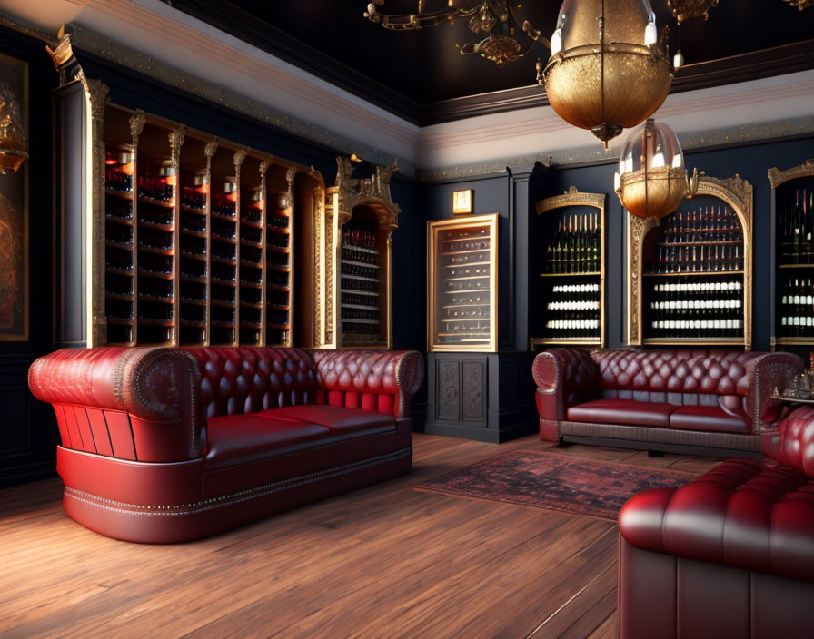 Opulent Room with Red Leather Couches and Wine Bottle Wall