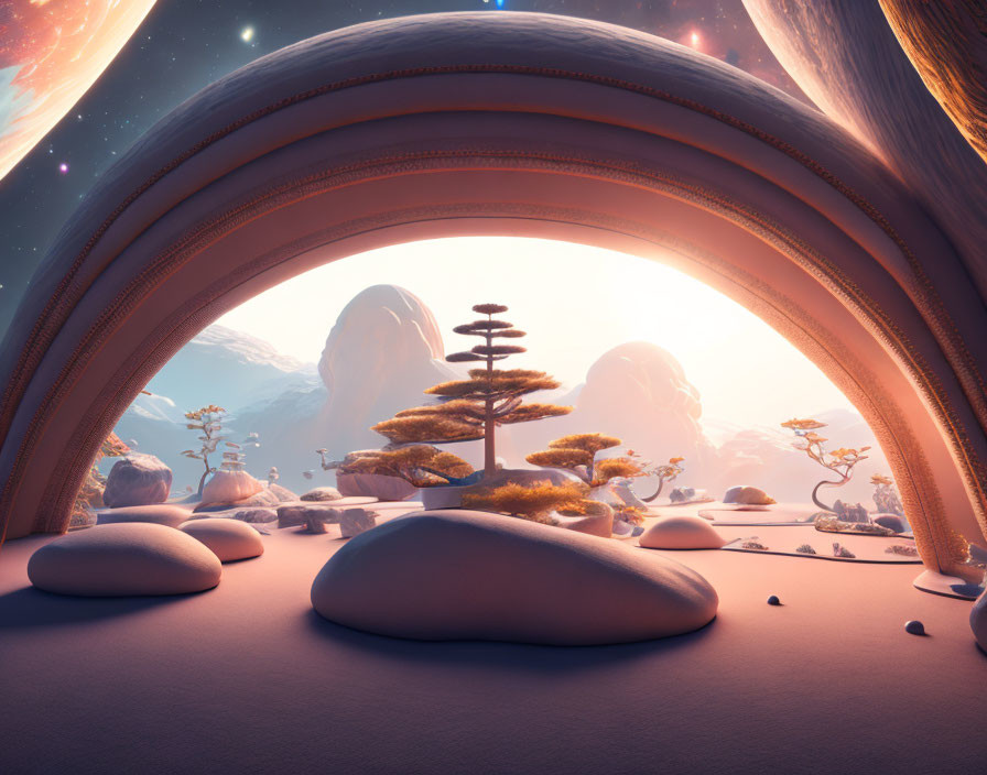 Alien landscape with smooth rocks, bonsai trees, and planetary sky view